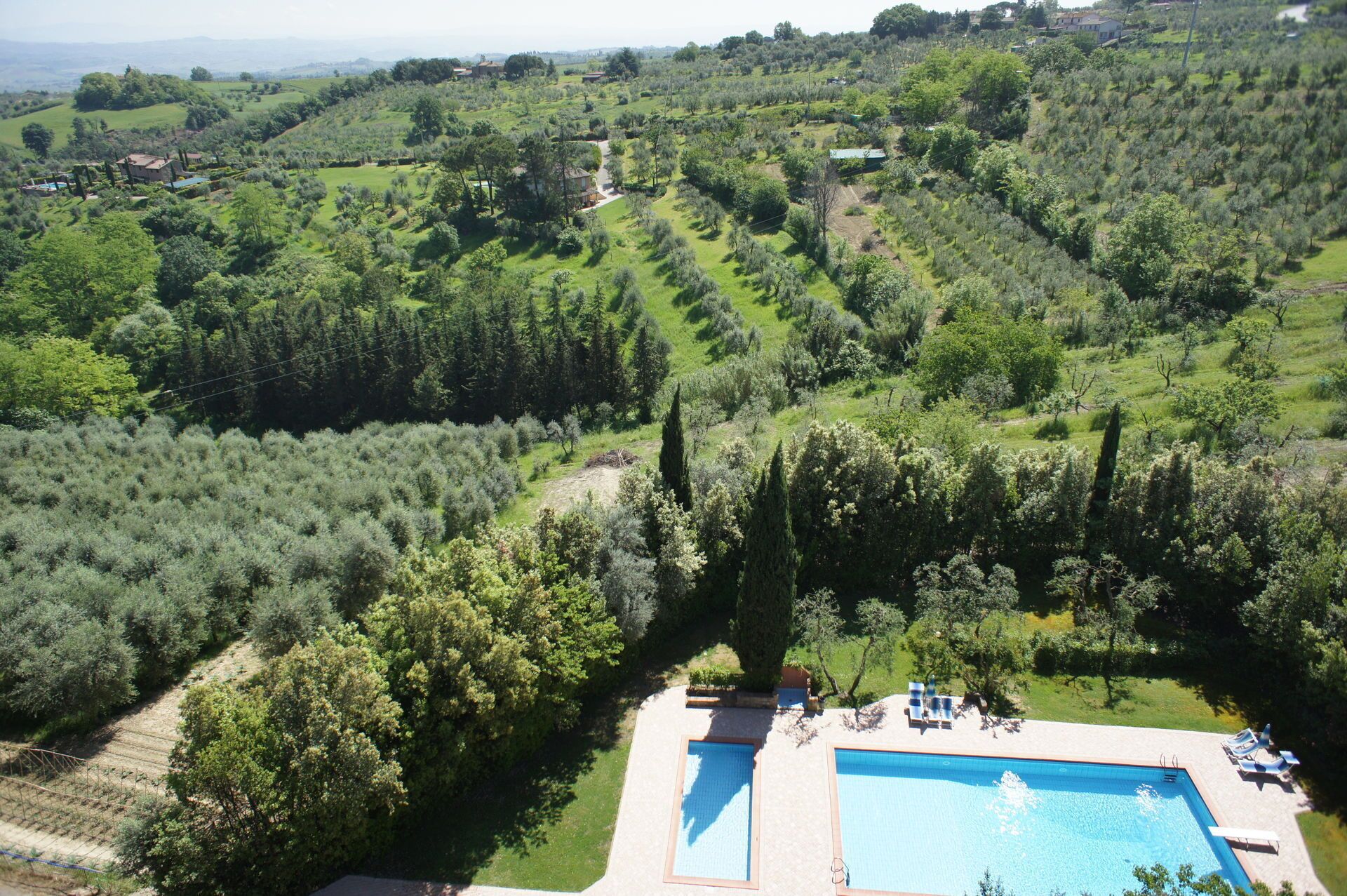 Una piscina espaiosa amb dues zones diferenciades, envoltada de vegetació abundant i arbres.