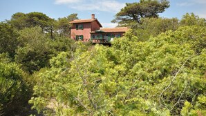 A rustic house with a red roof, surrounded by dense greenery and trees.