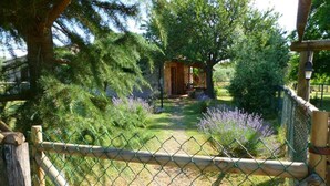 Un jardin clos, agrémenté d’une structure en bois, peut-être un belvédère, et entouré de diverses plantes et arbres.