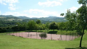 Una cancha de tenis rodeada de césped verde exuberante y árboles, con colinas onduladas y un cielo despejado de fondo.