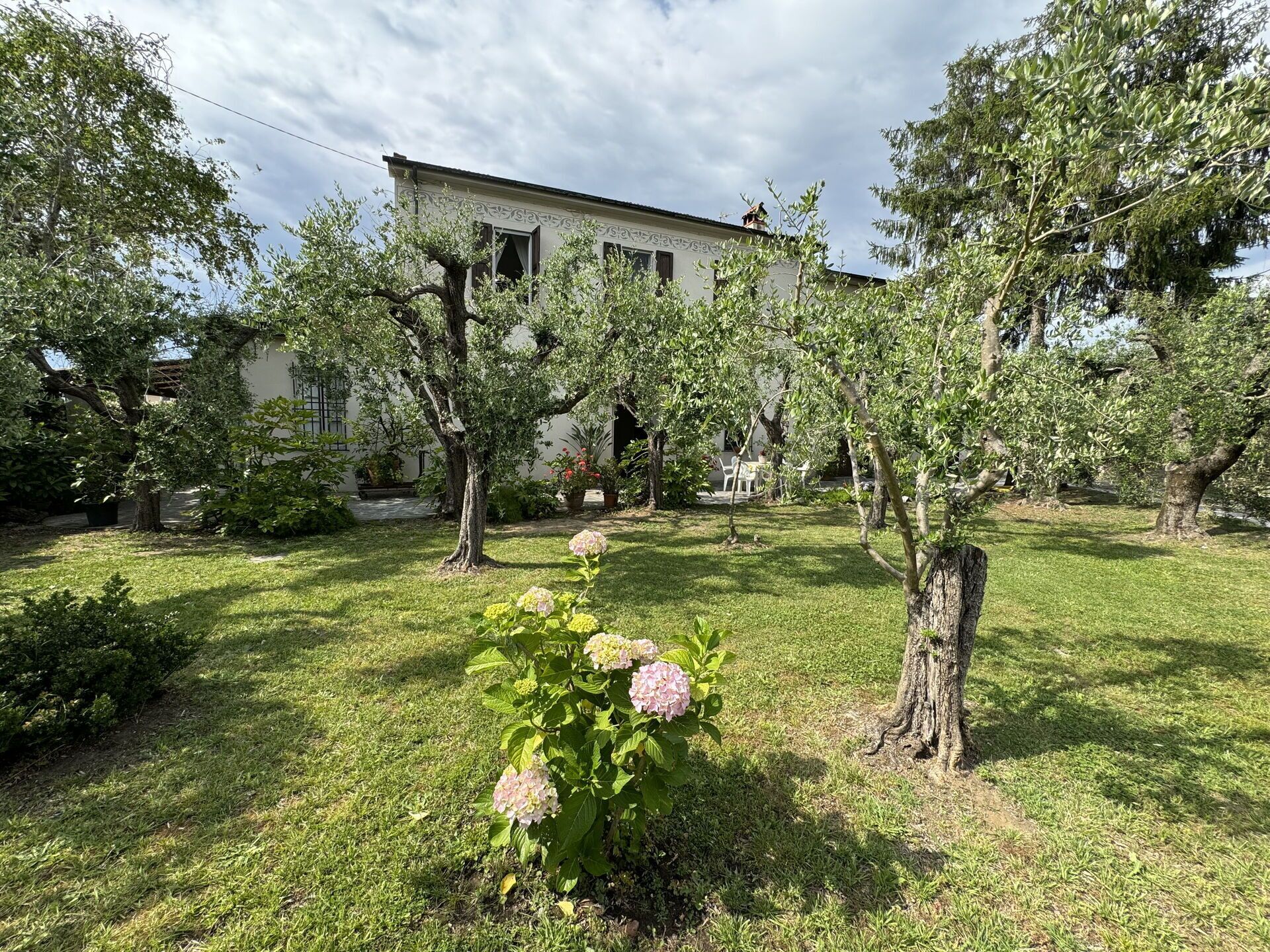 Ein weißes Gebäude mit Garten. Bäume und ein Blumenbeet mit rosa Blüten sind zu sehen.