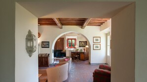An interior with a TV, wooden furniture, a fireplace, and a dining area.