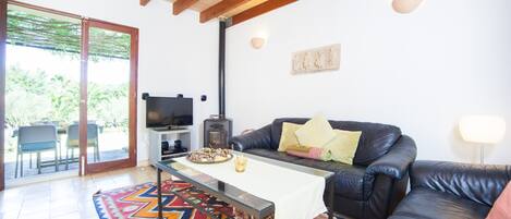 A living room with a sofa, a coffee table, a TV, and a fireplace.