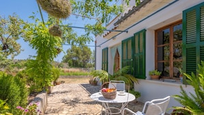 A patio with a table and chairs, surrounded by potted plants and a stone pathway. - SES PLANES (CA NA FAUSTINA) - Villa with private pool in SELVA. Free WiFi (Selva)