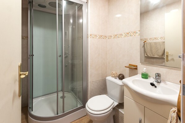 A bathroom with a glass-enclosed shower, a toilet, and a sink with a mirror above it.