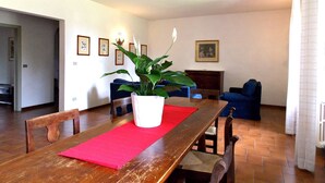A dining area with a wooden table, red placemat, and a potted plant. There are blue chairs and a sofa in the background.