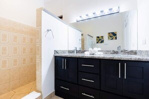 Une salle de bain avec une douche, des meubles sombres, un comptoir en marbre et un grand miroir.