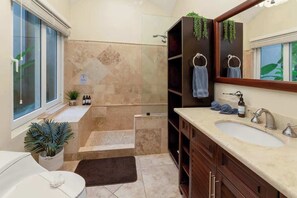 Shower, hair dryer, towels, shampoo