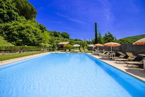 Ein rechteckiger Swimmingpool mit Liegestühlen und Sonnenschirmen, umgeben von viel Grün und blauem Himmel.