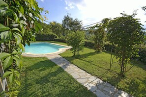 Um quintal com piscina, um caminho de pedra e vegetação exuberante.