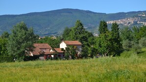 A rural house with a tiled roof, surrounded by trees and a grassy field, with a mountain and a distant town in the background. - Wonderful private villa with A/C, private pool, WIFI, TV and panoramic view, close to Cortona (Montecchio)