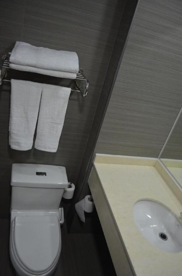 A bathroom with a toilet, a sink, and a towel rack with folded towels. - Diego de Almagro Calama Express (Calama)