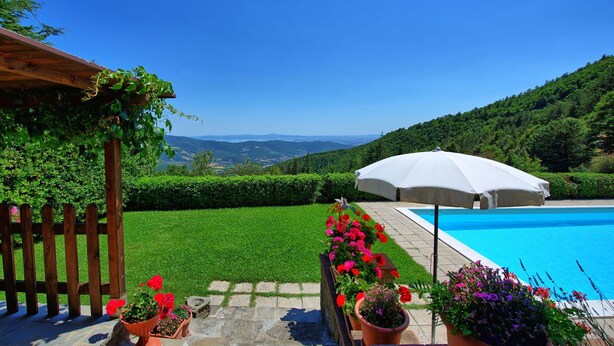 Un espace aménagé au bord de la piscine, offrant une vue sur un paysage montagneux, agrémenté d’une pergola en bois recouverte de plantes grimpantes et d’un parasol blanc.