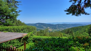 Une vue sur un paysage verdoyant et luxuriant, avec une pergola en bois et une table, dominant une vallée où l’on aperçoit des montagnes au loin et un ciel bleu dégagé.
