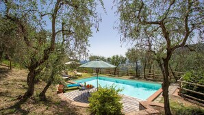 Una piscina rodeada de árboles, con una terraza de madera y mobiliario exterior.