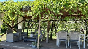 An outdoor seating area with a pergola, cushioned chairs, and a small table. - Stunning private villa with private pool, A/C, internet, TV, patio, panoramic view, close to Lucca (Vicopelago)
