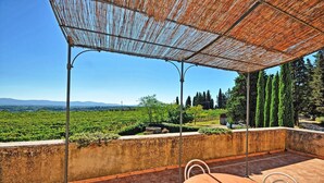 Une terrasse extérieure avec une table et des chaises, une pergola et une vue sur un vignoble.