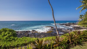Un paisaje costero con costa rocosa, palmeras y olas del océano.