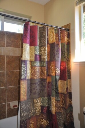 Combined shower/tub, jetted tub, free toiletries, hair dryer
