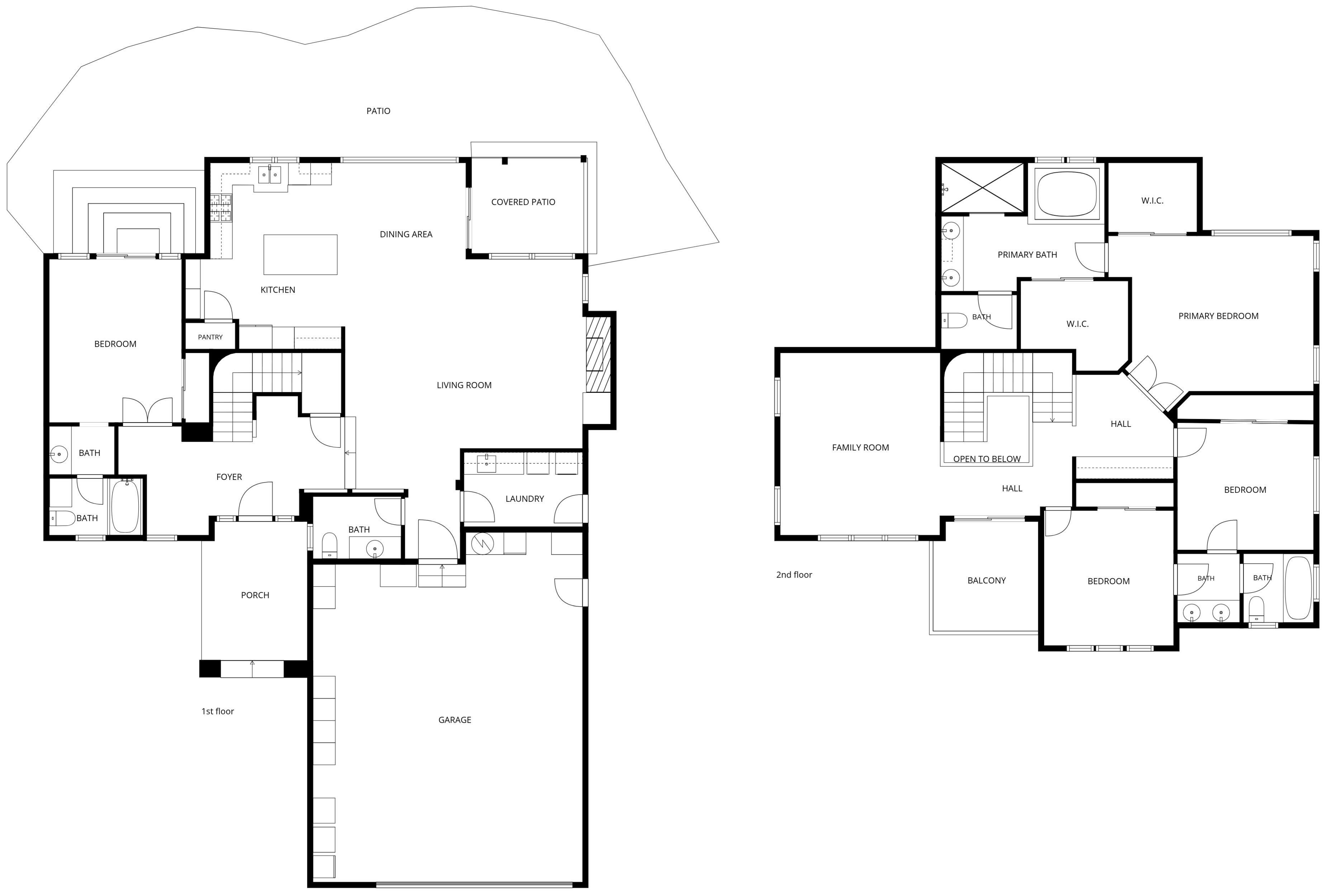 Ein Grundriss mit überdachter Terrasse, Essbereich, Küche, zwei Schlafzimmern, einem Badezimmer, einem Wohnzimmer, einem Familienzimmer, einer Eingangshalle, einer Veranda und einer Garage.