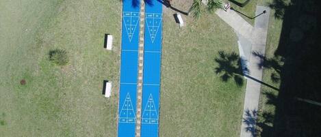 An aerial view of a blue tennis court with white markings, surrounded by grass and palm trees.