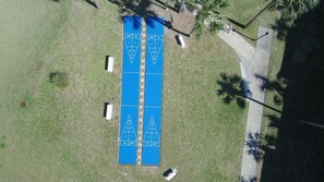 Een blauw shuffleboardveld omringd door gras en palmbomen.