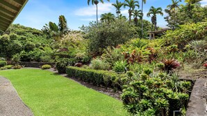 Un exuberante jardín con diversas plantas tropicales y palmeras, un césped bien cuidado y un muro de piedra.