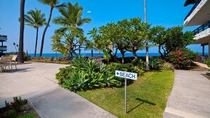 A pathway leading to a beach with a sign indicating the direction.