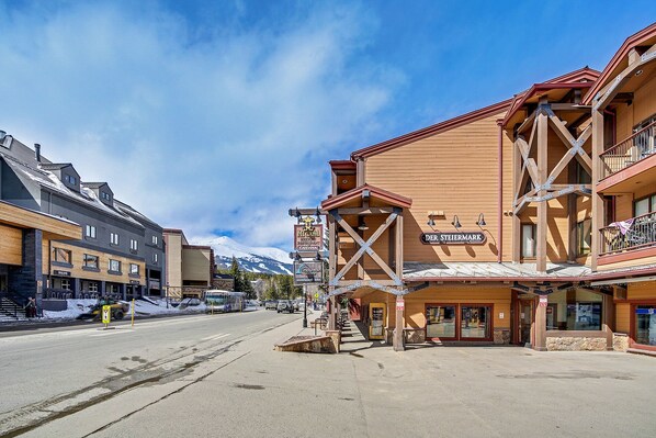 A street view with a building labeled "Der Steiermark" and another with "Migas" sign. - Budget Friendly Mountain Retreat off Peak 9! (Breckenridge)