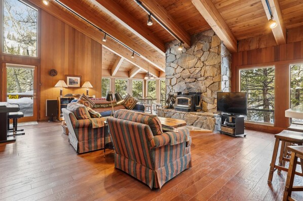 TV, DVD player, foosball, music library