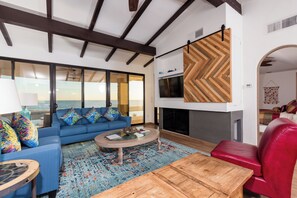 Télévision, cheminée, lecteur de DVD