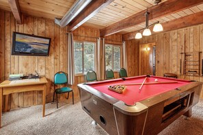 A wooden room with a pool table, chairs, a desk, and a painting on the wall.