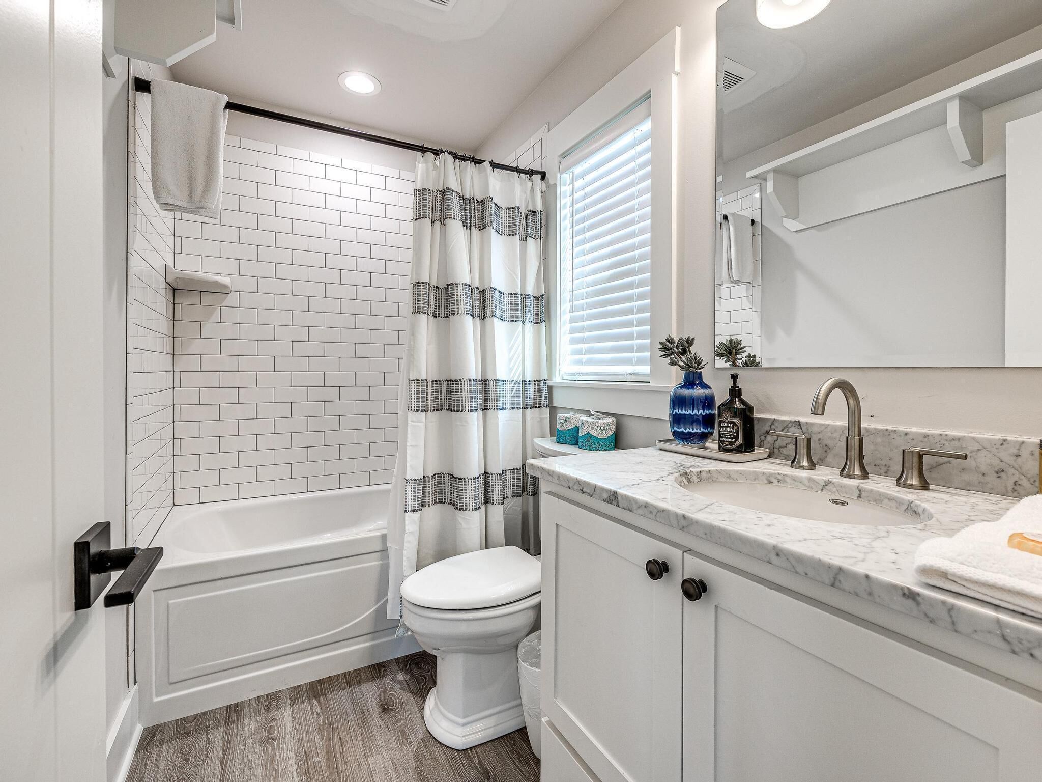 Combined shower/tub, hair dryer