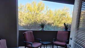 Un balcon avec deux chaises et une petite table, une plante en pot et un cactus.