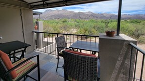 A balcony with a view of mountains, a table, two chairs, and a potted plant. - Stunning - Inside and out! Beautiful Inside and Views of the Catalinas! (Tucson)