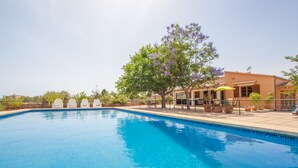 Ein Schwimmbecken mit Liegestühlen und ein Baum mit violetten Blüten.