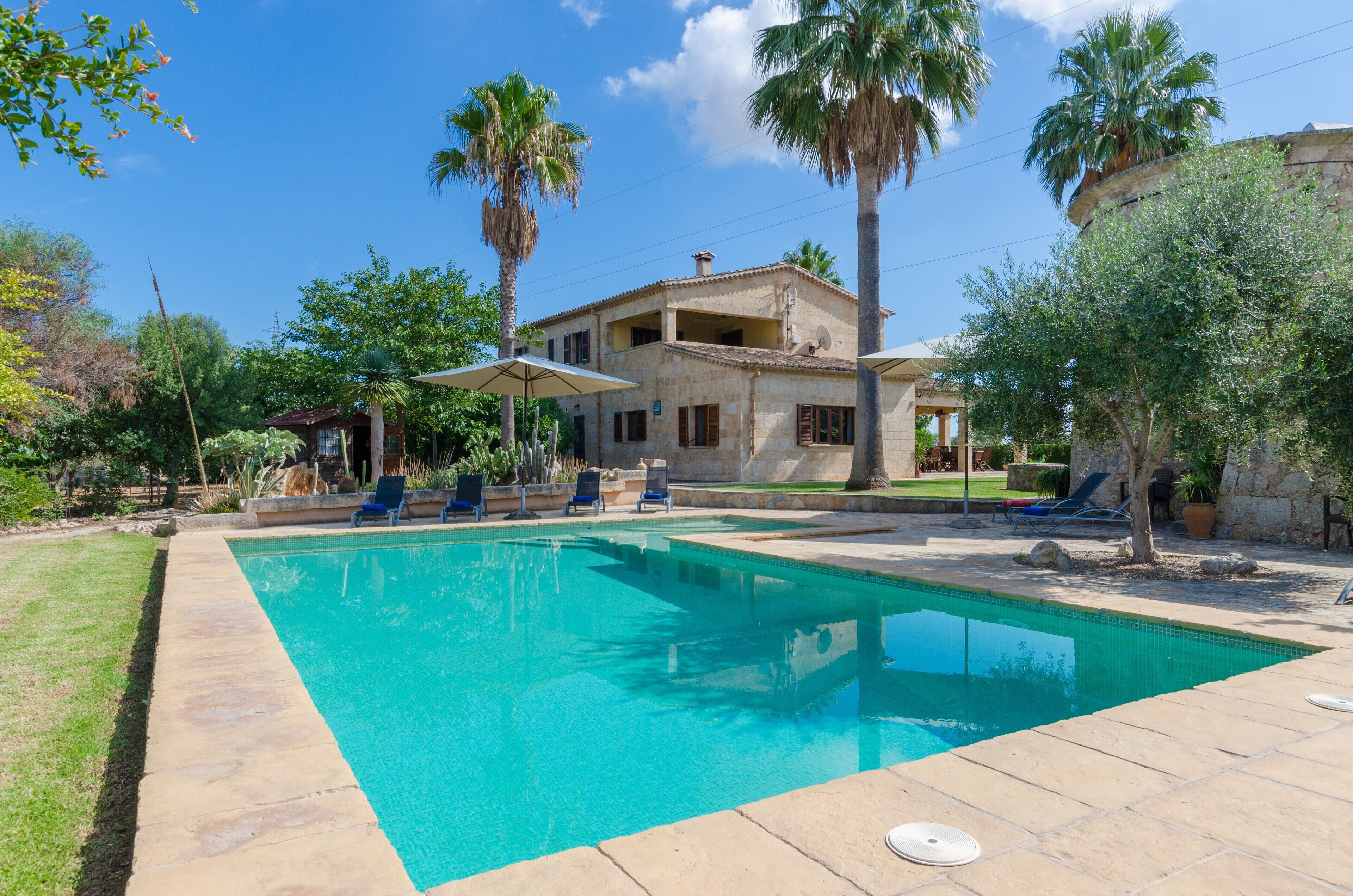 Une piscine avec des chaises longues, une maison avec un balcon et des palmiers.