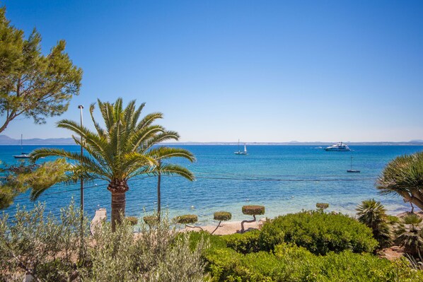 A coastal landscape with a clear blue sea, palm trees, and boats.