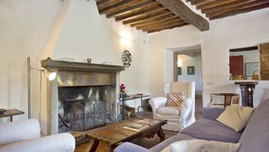 A cozy living room with a fireplace, a sofa, and a chair. - Wonderful private villa with WIFI, private pool, TV, terrace and panoramic view, close to Florence (Torre A Cona)