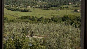A rural landscape with rolling hills, scattered houses, and olive groves. - Wonderful private villa with WIFI, private pool, TV, terrace and panoramic view, close to Florence (Torre A Cona)