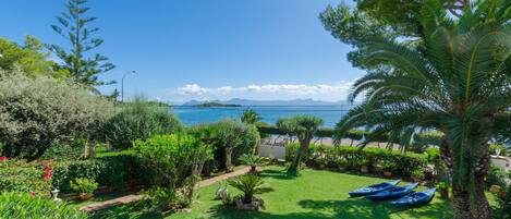 A garden with a view of the sea, a pathway, and blue lounge chairs.