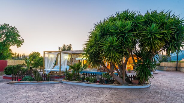 Ein Innenhof mit Pool, Gazebo und verschiedenen Pflanzen.