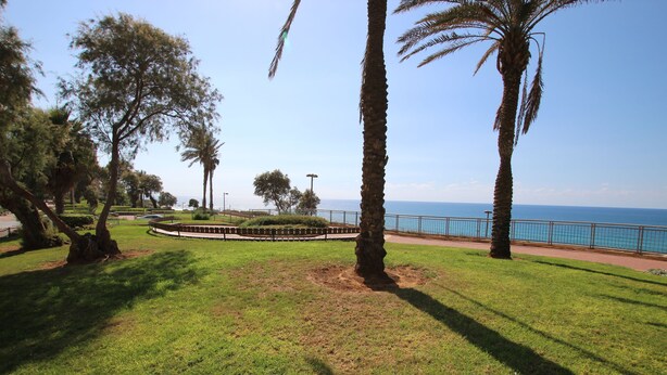 A park with a circular walking path, palm trees, and a view of the sea. - The Seasons Beach Apartment 2 (Netanya)