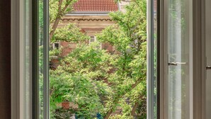 A view through an open window of a building with a tiled roof and surrounding greenery. - Beautiful Apartment with Private Terrace in Central Prague (Praha 3)