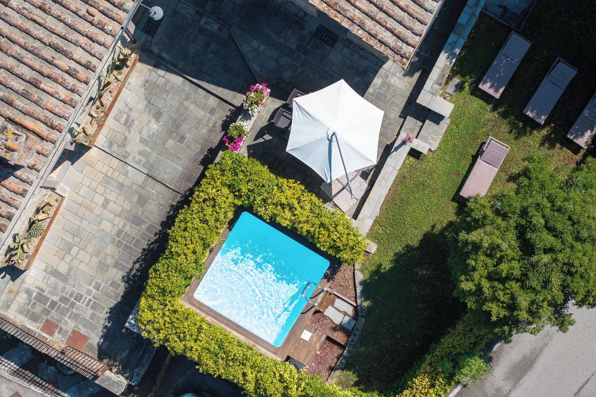 A rooftop swimming pool with a wooden deck, surrounded by greenery and a white umbrella.