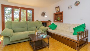 A living room with two sofas, a coffee table, and a fireplace. - ES JAÇ - Villa with terrace in Cala s'Almonia with free Wi-Fi (Cala Llombards)
