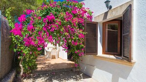 A narrow outdoor pathway with a white wall on one side and a wooden shuttered window on the other. - CAN CAIMARI - Chalet for 6 people in Bonaire. (Mal Pas-Bon Aire)
