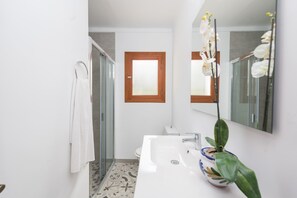 Combined shower/tub, hair dryer, bidet, towels