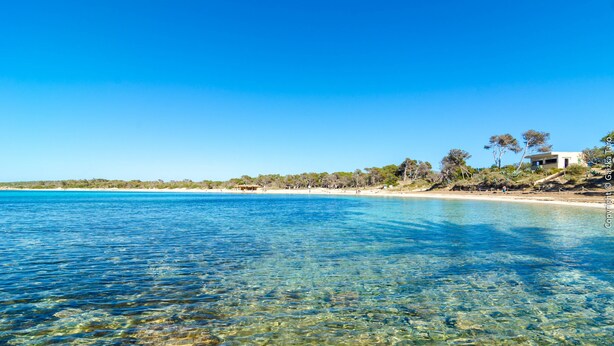 Uma praia com águas claras, areal arenoso e edifícios ao fundo.