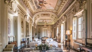Une vaste pièce agrémentée de fresques décoratives au plafond, avec un espace salon central et un téléviseur posé sur une table en bois.